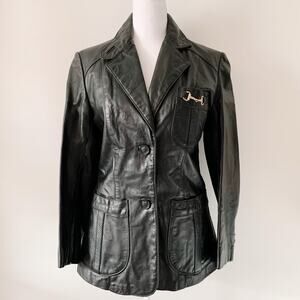 Vintage 70s Black Leather Jacket with Gold Horsebit Detail